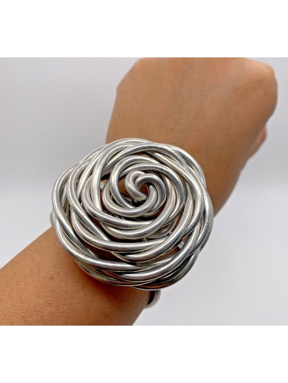 Metal Rose Flower Cuff Bracelet Silver-Tone Wire Statement Adjustable from 6-8"